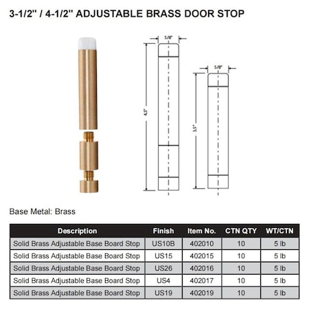 Delaney Hardware 924 SOLID BRASS ADJ 3.5/4.5 BASE BOARD STOP US4 402017